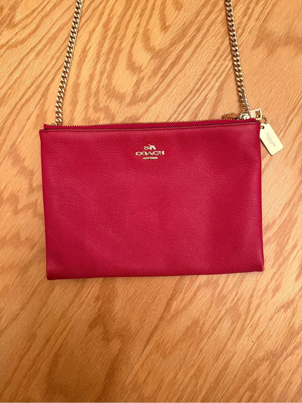 Coach Red Pebbled Leather Crossbody with Gold Chain